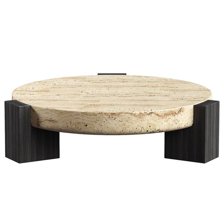 an oval marble coffee table with black metal legs and a circular wooden top, viewed from the front