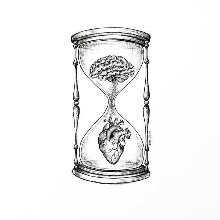 a drawing of an hourglass with a human heart and brain in the inside it