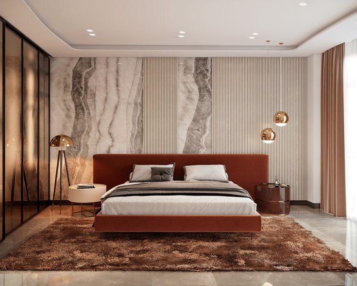 a modern bedroom with marble wallpaper and bed in the center, along with an area rug on the floor