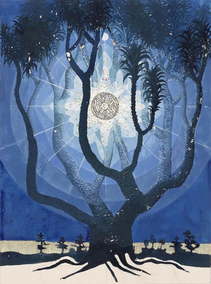 an illustration of a tree in the middle of a desert with stars and moon above it