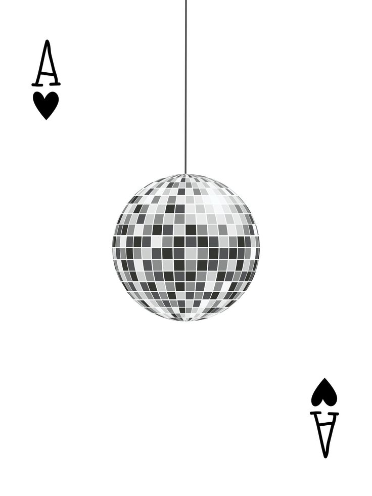 a disco ball hanging from a string with hearts on it and playing cards below the ball