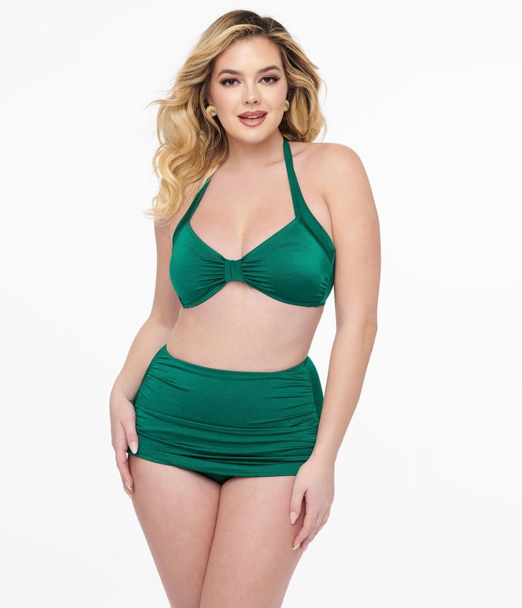 Esther Williams 1950s Dark Green Two Piece Bikini Set - Unique Vintage - Womens, SWIM, 1 PC Green Halter Top For Beach Season Swimming, Retro Halter Neck Tankini For Swimming, Green Halter Top For Swimming And Beach Season, Beach Season Green Halter Top For Swimming, Retro Halter Neck Swimwear For Pool, Fitted Green Halter Top For Swimming, Green Triangle Halter Top For Pool, Green Halter Neck Swimwear For The Pool, Retro Underwire Swimwear For Poolside