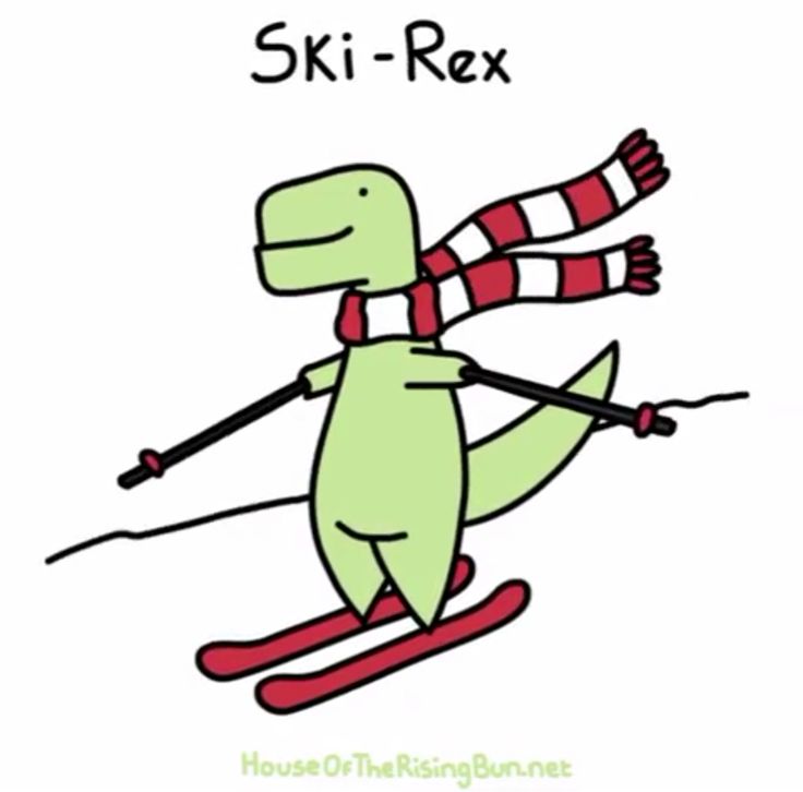 a drawing of a dinosaur skiing down a hill with the words ski - rx above it