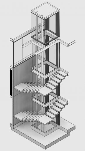 an architectural model of a building with stairs and windows on the top floor is shown in black and white