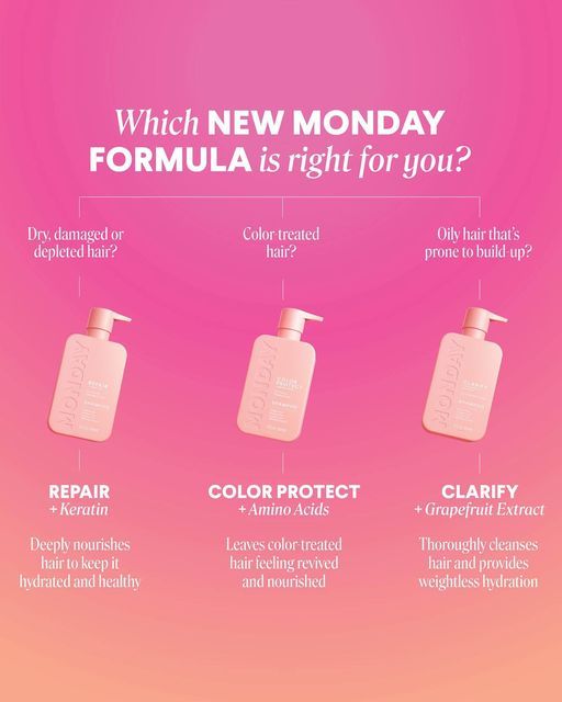 MONDAY Haircare on Instagram: "We get a lot of questions from people wondering which of our 3 new formulas is right for their hair type. Wonder no more! We made you this handy table. Hit save and let us know which you land on in the comments!💡" Shampoo For Dyed Hair, Monday Shampoo, Monday Haircare, Hair Cleanse, Oily Hair, Keratin, Amino Acids, Glow Up?, Dyed Hair