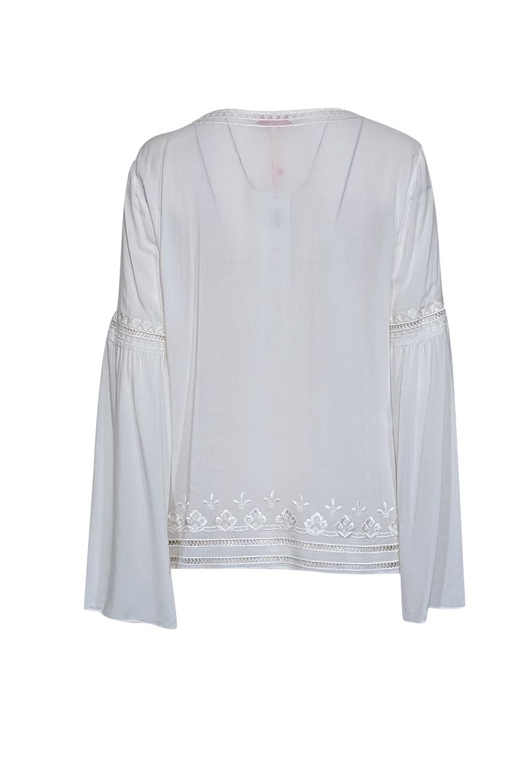 Get ready for your next festival or picnic in the park with this charming bohemian blouse from Parker! The dainty eyelet lace trim, intricate embroidery, and flared sleeves add a playful touch, while the lace-up neckline lends a flirty feel. This romantic blouse pairs perfectly with denim and woven slide sandals. Size M 100% Rayon Pullover Lace-up V-neck Eyelet lace trim Flared long sleeves Bust 43" Waist 46" Shoulder to hem 24.5" Sleeve length 25" Summer Long Sleeve Embroidered Top With Lace Trim, Summer Embroidered Long Sleeve Top With Lace Trim, White Bohemian Peasant Top With Boho Collar, White Peasant Top With Boho Collar For Summer, Bohemian Summer Peasant Top With Embroidered Sleeves, Bohemian Peasant Top With Embroidered Sleeves For Summer, Bohemian V-neck Embroidered Top With Chikankari, Bohemian Embroidered Top With Chikankari And V-neck, Bohemian V-neck Chikankari Embroidered Top