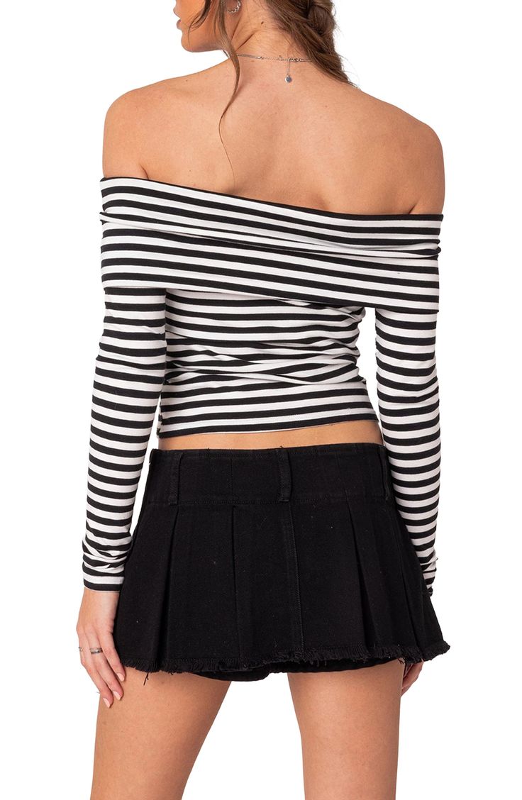 Allover stripes enliven this close-fitting top designed in a cropped, shoulder-baring silhouette with a folded neckline. Off-the-shoulder neck Long sleeves 95% cotton, 5% spandex Machine wash, dry flat Imported Fitted Black Top With Vertical Stripes, Vertical Striped Fitted Tops, Chic Fitted Striped Tops, Trendy Fitted Tops With Contrast Stripes, Fitted Tops With Vertical Stripes For Fall, Fitted Vertical Stripes Top For Fall, Chic Fitted Tops With Vertical Stripes, Chic Fitted Top With Vertical Stripes, Fitted Spring Tops With Contrast Stripes