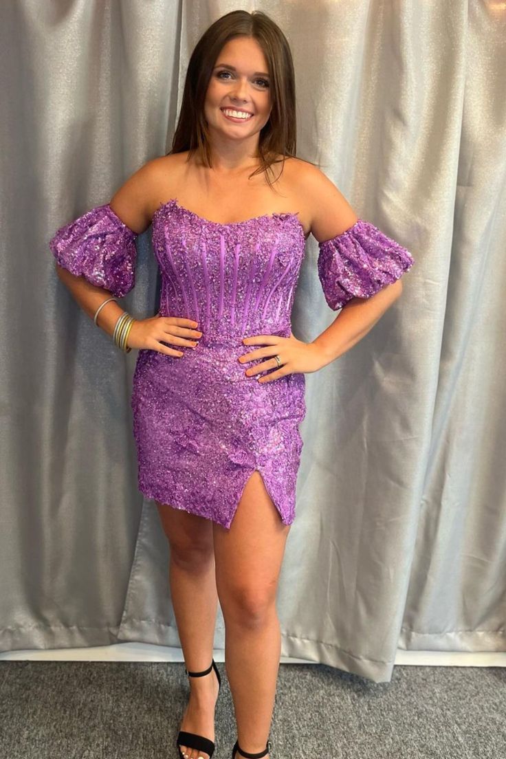 Modsele this short dress features a strapless neckline, intricate lace details, spaghetti straps, detachable puff sleeves and bodycon silhouette.#hoco2023#homecomingdresses#formaldresses#homecoming#schooleventdress#holidaydress#graduationdress#cocktaildress Glamorous Off-shoulder Mini Dress With Fitted Bodice, Evening Purple Strapless Bodycon Dress, Strapless Purple Bodycon Evening Dress, Party Off Shoulder Dress With Sweetheart Neckline, Purple Strapless Evening Bodycon Dress, Evening Strapless Purple Bodycon Dress, Fitted Off-shoulder Evening Dress For Homecoming, Fitted Off-shoulder Corset Dress For Gala, Fitted Off-shoulder Mini Dress For Homecoming