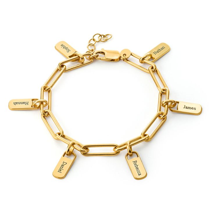 So pretty, it always turns heads! Our Rory Chain Link Bracelet with Custom charms in 18k Gold Vermeil makes a gorgeous statement, however you style it. With up to six tag charms, this piece is fully customized with engraving. The charms are arranged on a large link chain that lends interest of its own to the finished look. This incredibly detailed bracelet is made with 18k Gold Vermeil, which is a thicker, more durable, and even more luxurious gold coating than standard gold plating. It ... Link Chain Bracelet With Charms, Bracelet Initial, Ankle Jewelry, Brown Leather Bracelet, Engraved Pendant, Link Chain Bracelet, Custom Charms, Birthstone Bracelets, Initial Bracelet