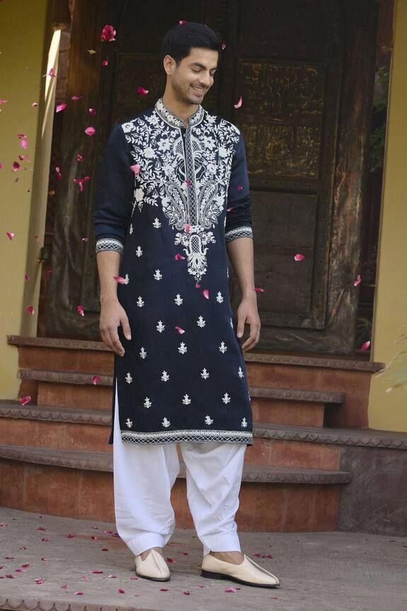 Navy blue kurta with kiran dori work in floral pattern. Paired with an ivory salwar. - Aza Fashions Anarkali Kurta With Dabka For Traditional Ceremonies, Eid Kurta With Intricate Embroidery In Cambric, Eid Cambric Kurta With Intricate Embroidery, Traditional Mulmul Churidar With Dabka Detail, Traditional Mulmul Churidar With Dabka, Cambric Traditional Wear Straight Kurta For Designer Wear, Traditional Salwar Kameez With Dabka For Ceremonies, Designer Cambric Straight Kurta, Cambric Straight Kurta For Designer Wear