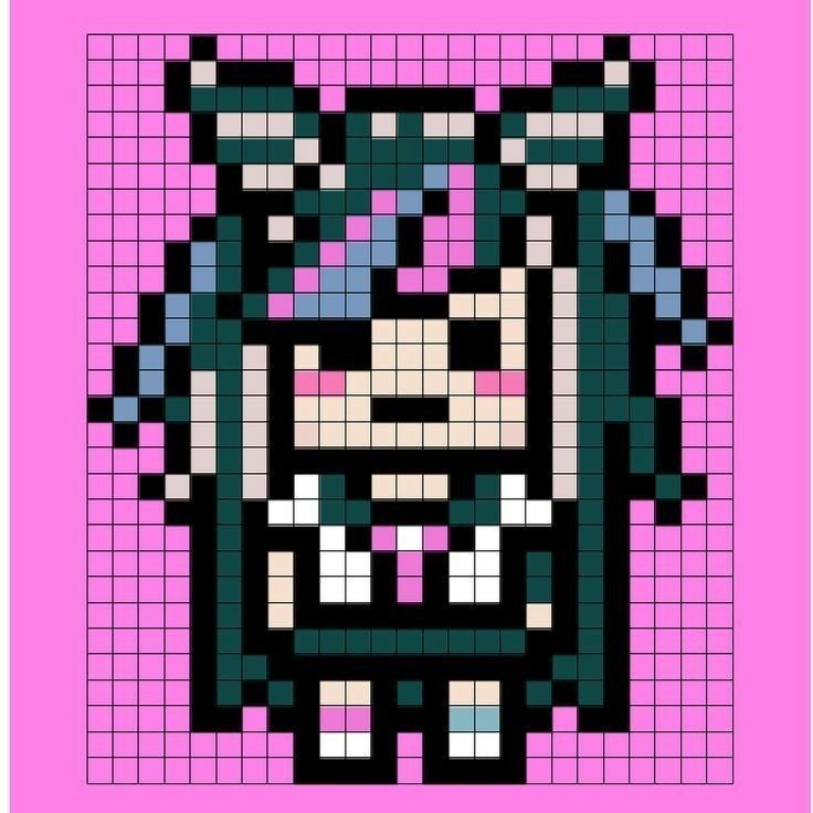 an image of a pixel art style character on a pink background with black and white squares