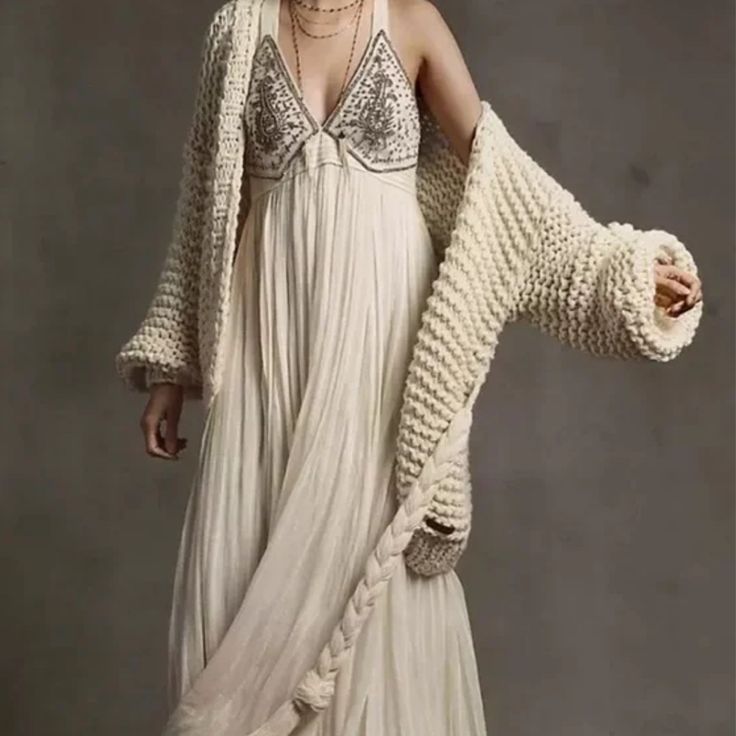 Nwt Excellent Condition Ivory Color Beaded Detail Embellished Maxi Dress, Cozy Cardigan, Ivory Dresses, Midi Maxi Dress, Textured Knit, 50 Fashion, Maxi Dress With Sleeves, Anthropologie Dress, Anthropologie Dresses