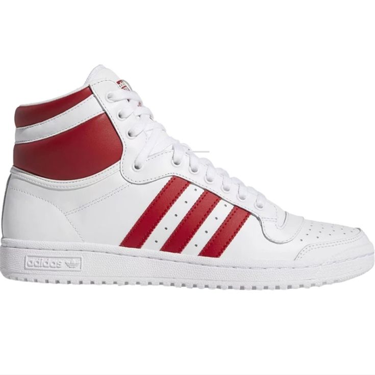 Adidas Top Ten Hi J....White/ Red White High-top Sneakers With Branded Insole, Classic Adidas High-top Sneakers With Round Toe, White High-top Basketball Shoes With Rubber Sole, Classic Adidas High-top Sneakers, White Synthetic High-top Sneakers With Rubber Sole, White Leather Adidas Basketball Shoes, Classic White Lace-up Basketball Shoes, White Basketball Shoes With Rubber Sole, Classic White High-top Sports Sneakers