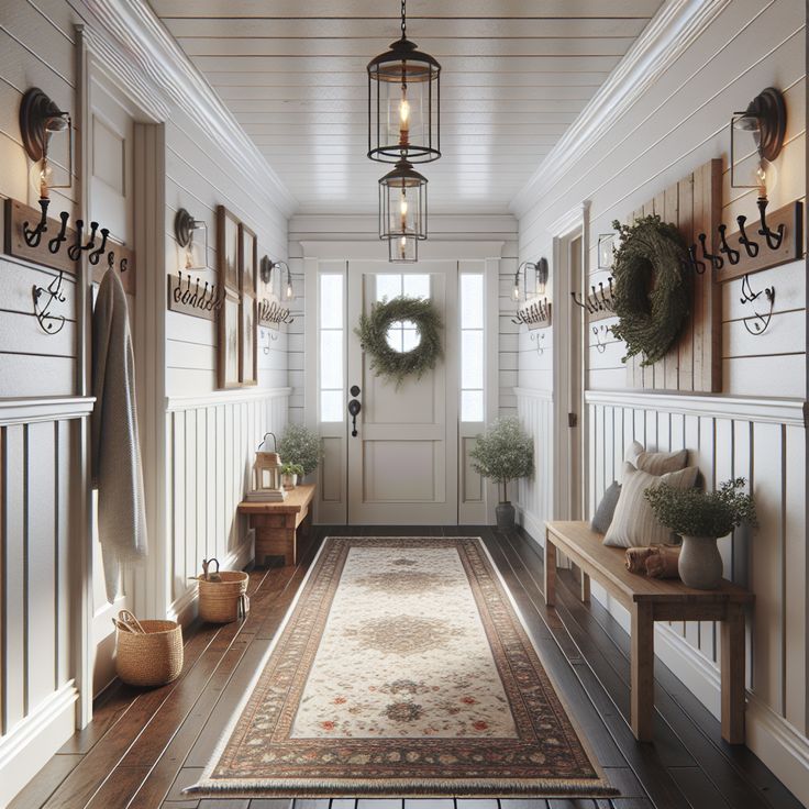 Include elements such as white shiplap walls, tasteful rustic light fixtures, dark hardwood flooring, and vintage area rugs. The hallway should lead to a welcoming door with a wreath hanging on it. Incorporate features like a wooden bench, coat hooks on the wall, and a console table with a vase of fresh flowers. This hallway is meant to serve as inspiration for a home remodel. Western Farmhouse Entryway, Country House Hallway Ideas, Hallway Inspiration Farmhouse, Rustic Home Entrance, Cozy House Entryway, Country Home Entrance, Statement Entrance Hall, Country Style Entry Way, Foyer Modern Farmhouse