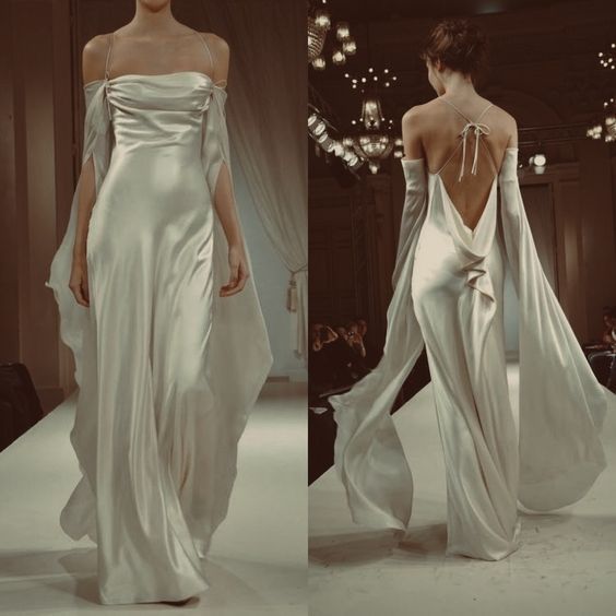 two pictures of the back of a woman's white dress with open shoulders and long sleeves