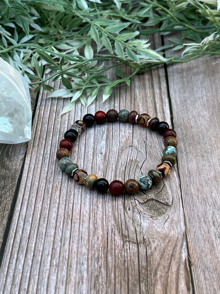 Druzy Agate, California Jasper & Red Creek Jasper Stretch Bracelet - Artisan Made Spiritual Brown Gemstone Beads Bracelets, Spiritual Brown Bracelets With Gemstone Beads, Spiritual Brown Beaded Bracelets With Gemstone Beads, Spiritual Brown Gemstone Beaded Bracelets, Adjustable Jasper Beaded Bracelets, Handmade Bohemian Stretch Bracelet For Meditation, Multicolor Agate Stretch Bracelet With Natural Stones, Earthy Jasper Beaded Bracelets, Adjustable Jasper Bracelets With Natural Stones