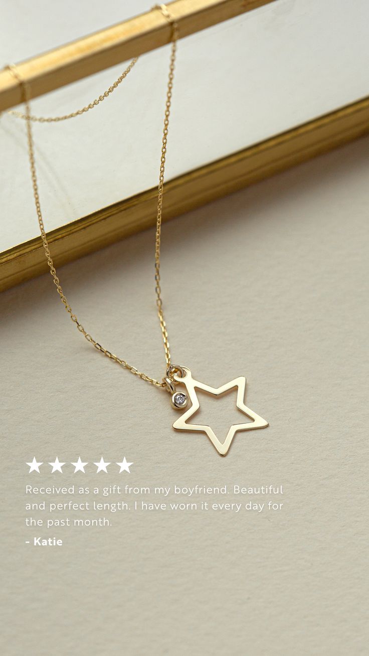 GELIN Diamond Star Necklace review with text -"Received as a gift from my boyfriend. Beautiful and perfect length. I have worn it every day for the past month. -Katie" Star Outline, Diamond Star Necklace, Gold Diamond Necklace, Diamond Star, Star Pendant, Star Necklace, Pave Diamonds, Gold Diamond, Diamond Jewelry