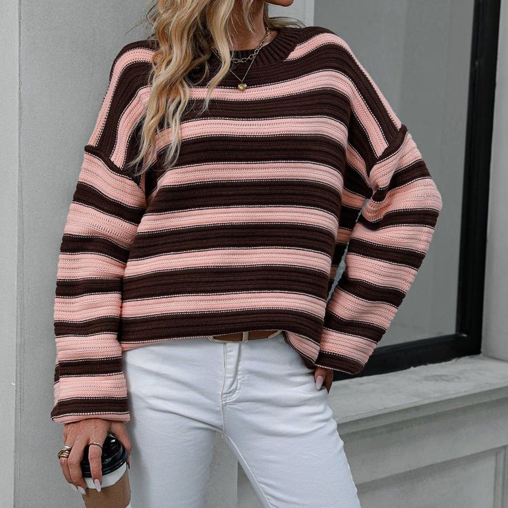 Look beautiful and comfy in the Electra Knitted Sweater! This stripey number is crafted from jersey fabric with a loose fit, long top length, and crew neck, so you can be sure to look stylish and keep cozy at the same time. The long sleeves are made from acrylic so you don't have to worry about cold nights! Get your stripes on and stay warm in Electra! Specs: Material: Acrylic Wearing Style, Loose Fabric, Acrylic Fiber, Color Coffee, Long Sleeve Pullover Sweater, Sleeves Clothing, American People, Pullover Sweater Women, Brown Sweater