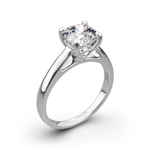 a white gold engagement ring with a round diamond in the center, on a plain surface