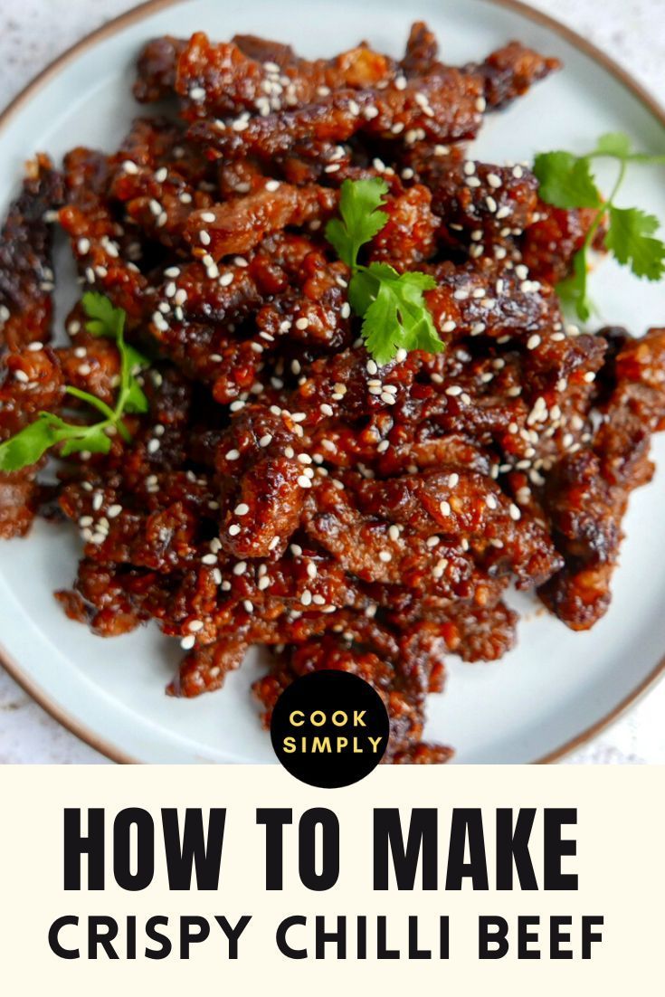 how to make crispy chilli beef on a white plate with text overlay