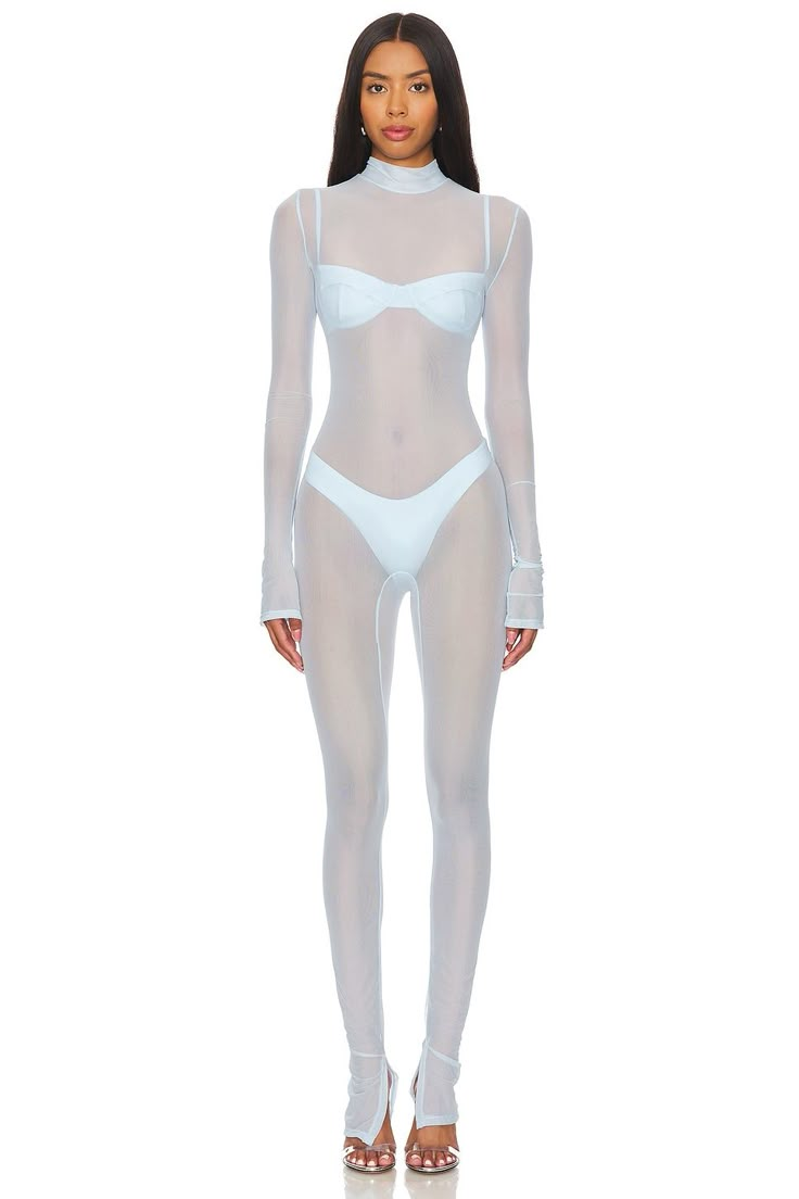 Self: 94% polyester 6%elastane.  Made in U.S.A.  Machine wash cold.  Hidden back zipper closure.  Mesh fabric.  Garment is intentionally sheer, undergarments will show through., Please note undergarment not included.  .  Shoulder seam to hem measures approx 57" in length.  .  .  .  .  .  .  .  . Stretch Nylon Bodysuit With Sheer Sleeves, Sheer Stretch Polyamide Bodysuit, Stretch Sheer Polyamide Bodysuit, Sheer Fitted Polyamide Bodysuit, Sheer Second-skin Nylon Bodysuit, Fitted Nylon Unitard For Swimming, Sheer Fitted Swimwear For Party, Stretch Polyamide Bodysuit, Polyamide Bodysuit For Swimming