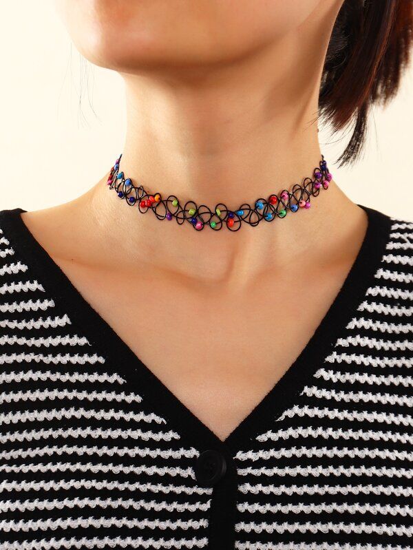 Bead Decor Choker | SHEIN USA Beaded Tattoo, 90s Necklace, 90s Choker, Tattoo Choker Necklace, Rainbow Choker, Bead Decor, Tattoo Choker, Jewelry Tattoo, Neck Jewellery