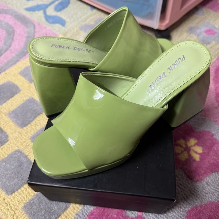 Public Desire Wide Fit Oreo Heeled Mules In Lime Patent Size Uk 4 (So Us 6) Wide Fit Brand New In Box! I'm A 7.5 And They Fit Me Comfortably Too! Trendy Green Slip-on Heels, Trendy Synthetic Slip-on Heels, Polyurethane Slip-on Heels For Spring, Casual Green Heels With 4-inch Heel, Trendy Green Heels With Reinforced Heel, Green Synthetic Round Toe Heels, Spring Patent Leather Wedge Heels, Green Synthetic Heels With Round Toe, Casual Slip-on Heels In Polyurethane