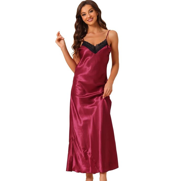 This soft fabric and breathable lounge dress for women is constructed of 100% polyester fabric, comfy, moisture-wicking, breathable, and skin friendly. Featuring maxi length and sleeveless with lace trim design, make you feel cozy all night, and enjoy a comfortable sleep and sweet dream.Great for loungewear, nightwear, sleepwear, home bedroom, daily wear. No matter the cozy bedtime, casual home relaxation, laze afternoon, or comfy bath, the soft and lightweight nightdress can company with you al Red V-neck Slip Dress For Sleep, Solid Sleeveless Nightgown For Bedtime, Solid Color Sleeveless Nightgown For Bedtime, Sleeveless Solid Sleepwear For Sleepover, Sleeveless Solid Color Sleepwear, Red Sleeveless Satin Nightgown, Sleeveless Satin Nightgown, Sleeveless Satin Nightgown In Solid Color, Sleeveless Solid Color Satin Nightgown