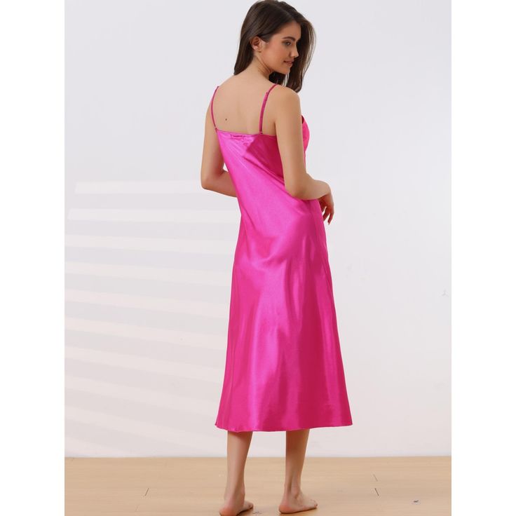 This loungewear dress for women is constructed of soft satin fabric and is skin friendly. Sleeveless, V-neck, lace trim design, highlight female beauty. Whether it's cozy bedtime, relaxing at home, or hanging out, this soft and lightweight women's satin nightgown is the perfect choice for you. Perfect for slumber parties, pajama nights, living room and bedroom, etc this loungewear can also be used as a holiday gift for Mother's Day, Thanksgiving, Christmas, or birthdays. Pink Sleeveless Slip Dress For Wedding Night, V-neck Slip Dress For Bedtime, Sleeveless Satin Dress For Sleepover, Sleeveless Satin Slip Dress For Sleep, Sleeveless Satin Nightgown In Solid Color, Sleeveless Solid Color Satin Nightgown, Elegant Slip Dress For Pajama Party, Pink Satin Camisole For Night, Pink V-neck Slip Dress For Wedding Night