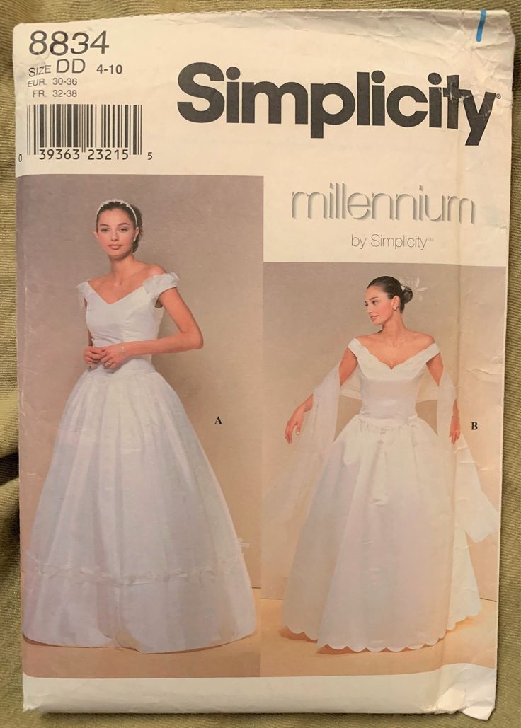 1999 Simplicity Pattern 8834  Millennium by Simplicity Size:  DD (4-10) or PP (12-18) 🧵SIZE DD (4-10) * Pattern is uncut, factory folded with instructions. * Envelope is slightly creased on edges, corners, and lip.     🧵SIZE PP (12-18) * Pattern is uncut, factory folded with instructions. * Envelope is slightly creased on edges, corners, and lip.     MISSES'/MISS PETITE DRESS AND WRAP No fabric or garments included. Petite Wedding Dress, Wedding Dress Patterns, Petite Dress, Simplicity Patterns, Petite Dresses, Dress Patterns, Beauty Book, Bathing Beauties, Wedding Dress