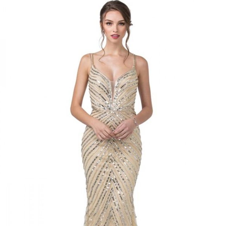 The Delightful Dress Made In The Silhouette Of The Sheath Will Emphasize Your Curves And A Loose Skirt To The Bottom Will Allow You To Move Comfortably While The Straps Will Fix The Correct Position Of The Dress And Sparkling Sequins In Combination With Beads Will Create An Eye-Catching Image That Will Set You Apart From The Crowd. Length: Long Color: Champagne Neckline: Illusion Deep V-Neck Silhouette: Sheath Sleeve: Sleeveless, Straps Back: Open, Zipper Embellishments: Sequins, Beads Occasion: Sleeveless Beaded Prom Gown, Sleeveless Beaded Gown For Prom Season, Sleeveless Beaded Gown For Prom, Sleeveless Embellished Sequin Dress For Banquet, Sleeveless Beaded Sequin Dress For Prom, Beaded Sleeveless Sequin Dress For Prom, Sleeveless Gala Dress With Beaded Straps, Gold Sleeveless Beaded Dress, Sleeveless Dress With Beaded Straps For Gala