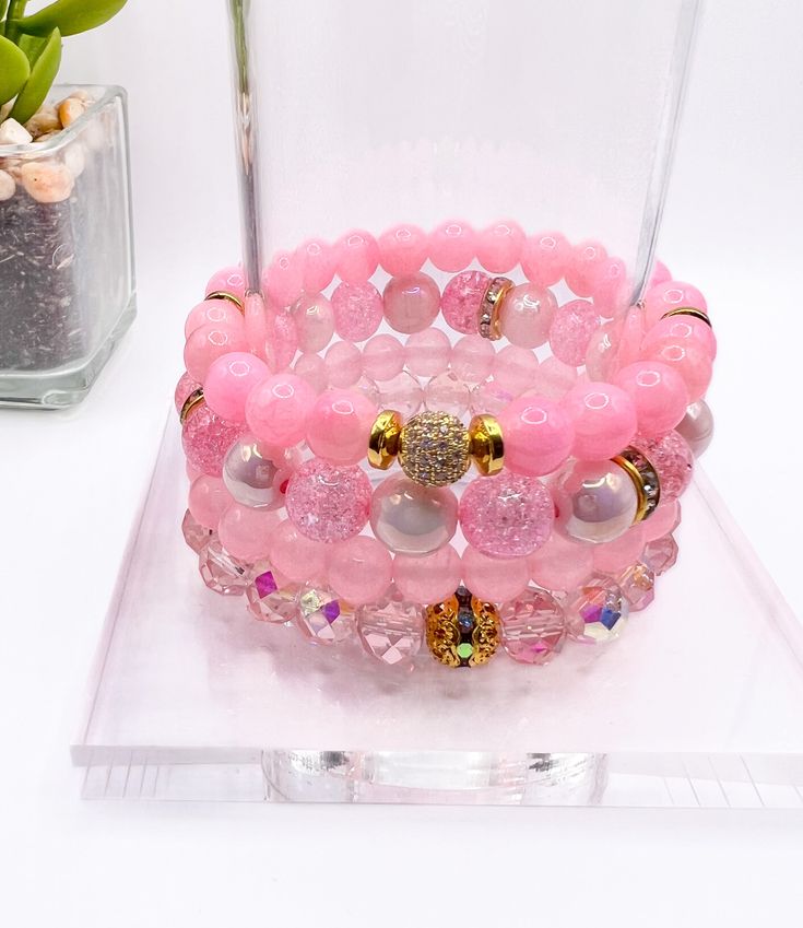 Handmade beaded stacked bracelet set. Available in different sizes. Our bracelets are made with great attention to detail and quality. Please make sure to choose the correct option and sizing. MaterialsPink Quartz and pink crystal glass beads, gold plated and cubic zirconia accentsSizing6.5 inches (small)7.0 inches (standard/average) *most common7.5 inches (medium/large) 8.0 inches (large)What size to order?For custom bracelet requests, please measure your exact wrist size. I will add an extra ¼ Stacked Beaded Bracelets, Custom Bracelet, Custom Bracelets, Pink Quartz, Pink Crystal, Bracelet Stack, Crystal Glass, Bracelet Set, Beaded Bracelet