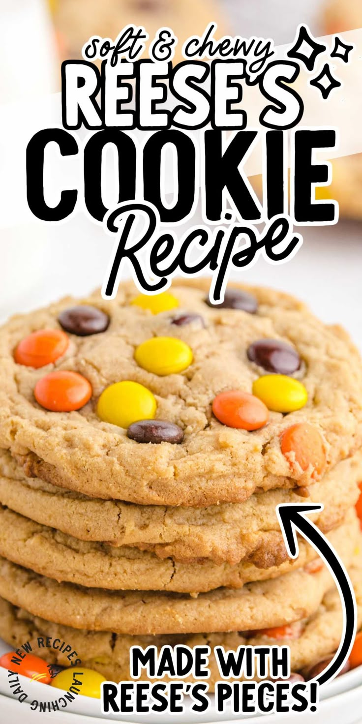 the recipe for reese's cookies is shown in front of a stack of cookies