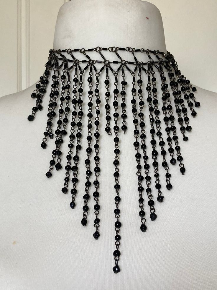 Signed Anton Heunis designer Vintage retro black beaded multi strand choker bib necklace silver tone ball chain 46cm adj length Metal Layered Necklace With Beaded Chain For Party, Party Necklaces With Adjustable Chain And Round Beads, Party Ball Chain Necklaces With Round Beads, Party Round Beads Ball Chain Necklaces, Party Necklace With Round Beads And Ball Chain, Party Necklace With Adjustable Chain And Round Beads, Party Round Beads Ball Chain Necklace, Black Choker Necklaces For Party, Metal Chain Choker For Evening