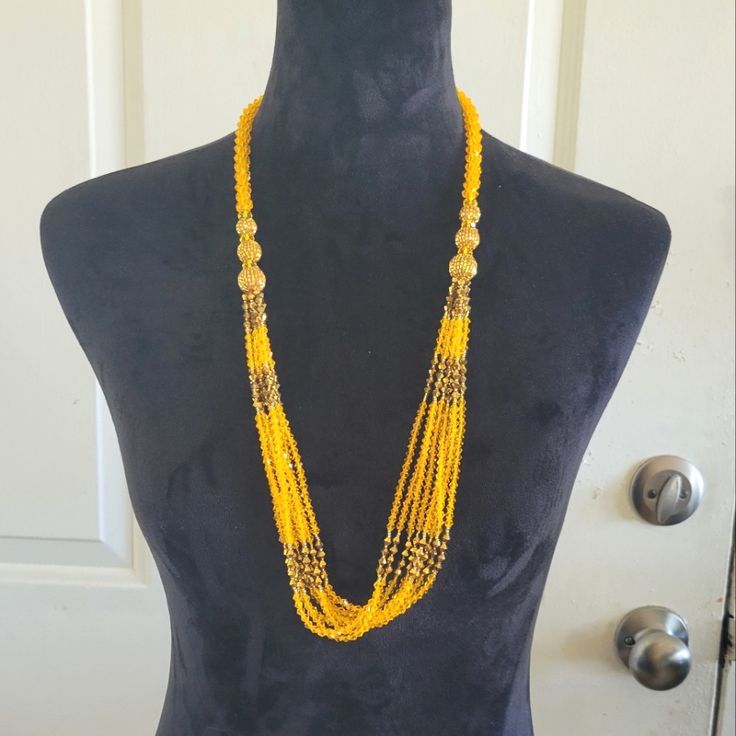 Brand New. Handmade Glass Beads Statement Necklace. Great Quality Long Beaded Chain Costume Necklace, Costume Jewelry Long Beaded Necklace, Faceted Round Beads Necklace For Jewelry Making, Costume Jewelry Long Beaded Necklace With Faceted Beads, Yellow Glass Beaded Necklace, Yellow Multi-strand Polished Beaded Necklaces, Yellow Glass Beaded Chain Jewelry, Glass Faceted Beads Costume Necklace, Handmade Yellow Glass Beaded Necklace