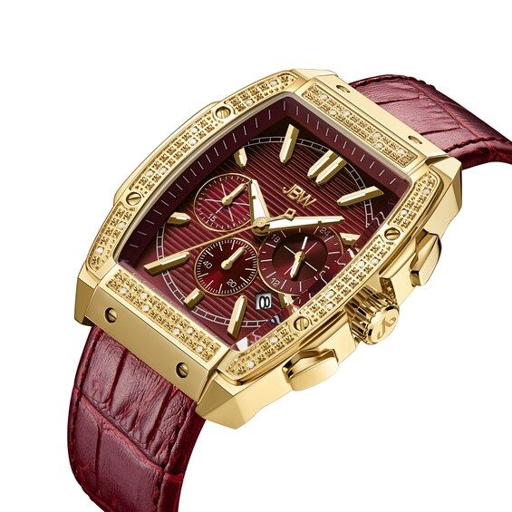 From the JBW Echelon collection, this men's chronograph watch features a tonneau red dial with 1/4 ct. t.w. diamond bezel, gold-toned hands, markers and crown, a date display at the four o'clock hour, and three chronograph sub-dials in a 41.0mm18K gold-plated stainless steel case. The reliable Japanese quartz movement ensures accurate time keeping. The croc-embossed red leather strap secures with a push-button deployment clasp. Water-resistant to 50 meters, this watch comes with a two-year limited manufacturer warranty. Diamond Red, Gold Diamond Watches, Red Watch, Mens Chronograph, Chronograph Watch Men, Mens Gold, Top Shelf, Bezel Diamond, Diamond Watch