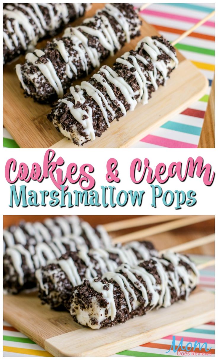 cookies and cream marshmallow pops on a cutting board with text overlay that reads cookies and cream marshmallow pops