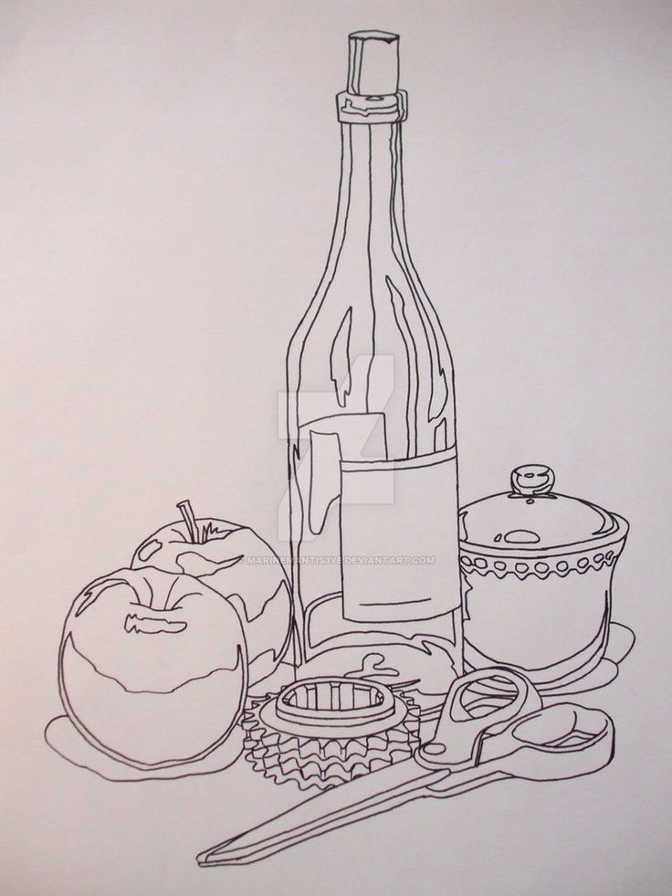 a drawing of an apple, bowl and bottle with scissors on the table next to it