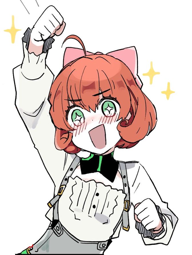 an anime character with red hair and green eyes pointing to the side while wearing overalls