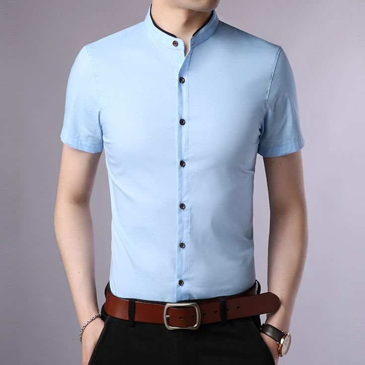 Gender: Men Item Type: Shirts Shirts Type: Casual Shirts Material: COTTON Material: Polyester Sleeve Length(cm): Short Collar: Mandarin Collar Style: Casual Sleeve Style: REGULAR Pattern Type: Solid Closure Type: Single Breasted Fabric: 60.3% Polyester, 39.7% Cotton Casual Fitted Shirt With Casual Collar, Light Blue Casual Collar Cotton Shirt, Slim Fit Short Sleeve Summer T-shirt, Fitted Short Sleeve T-shirt With Buttons, Light Blue Slim Fit Top For Business Casual, Fitted Light Blue Shirt For Summer, Fitted Light Blue Summer Shirt, Fitted Cotton Tops With Casual Collar, Light Blue Fitted Summer Shirt