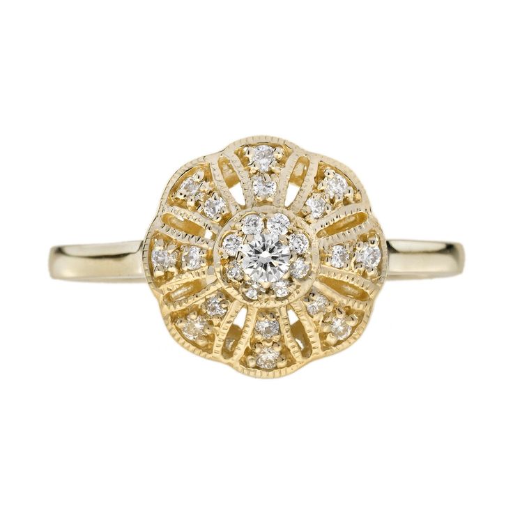 A lovely floral ring for anyone who loves antique-inspired jewelry. Made of diamonds set on 14k yellow gold. The twenty-five diamonds form a flower sit on the open worked floral motif for a beautifully feminine design that’s the perfect finishing touch to a special gift. Ring Information Metal: 14K Yellow Gold Total weight: 2.40 g. (approx. total weight) Ring size: US 3 – 8 available Center Gemstones Type: Diamond Average Color: H Average Clarity: SI Shape: Round Size: 2.2 mm. Number: 1 Weight: Elegant Yellow Gold Flower Ring With Prong Setting, Yellow Gold Diamond Flower Ring With Round Cut, Anniversary Yellow Gold Flower Ring With Single Cut Diamonds, Classic 14k Gold Flower Ring With Round Cut, Classic Flower Ring With Single Cut Diamonds, Classic Flower Ring With Single Cut Diamonds For Anniversary, Heirloom Yellow Gold Cluster Ring With Diamond Accents, Heirloom Cluster Ring With Diamond Accents In Yellow Gold, Elegant Yellow Gold Cubic Zirconia Flower Ring