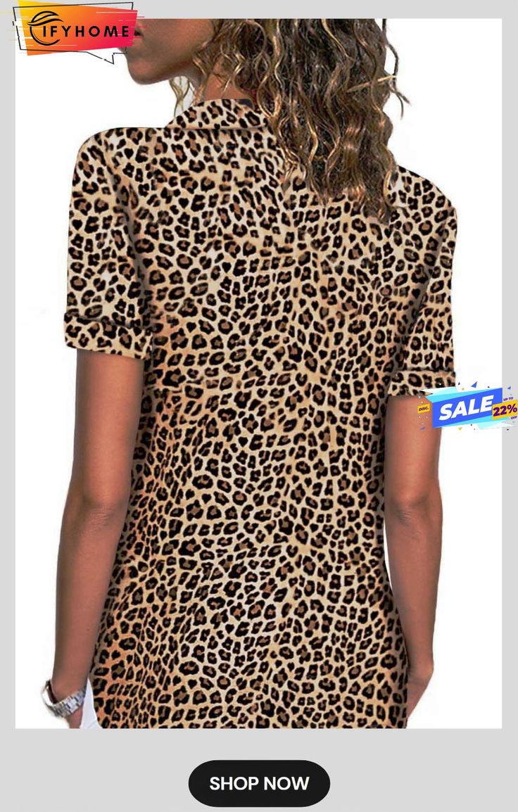 Leopard Short Sleeve Button Up Shirt Spring Collared T-shirt With Button Closure, Collared T-shirt With Button Closure For Spring, Casual Crew Neck Blouse With Buttons, Casual Button-up Blouse With Graphic Print, Brown Short Sleeve T-shirt For Work, Brown Crew Neck Top With Buttons, Casual Crew Neck Blouse With Button Closure, Casual Button-up T-shirt, Casual Long Sleeve T-shirt With Button Closure For Fall