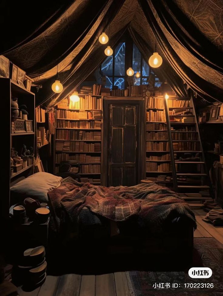 a bed in a room filled with lots of books