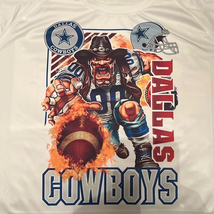 Xl Cowboys White T-shirt With Sublimation Print For Fans, White Sublimation Print Top For Fans, White Fan Apparel Top With Sublimation Print, White Top With Sublimation Print Fan Apparel, White Tops With Sublimation Print For Fans, Football Season Short Sleeve With Graphic Print, White T-shirt With Logo For Football Season, Short Sleeve Sublimation Design For Football Season, White Logo Print T-shirt For Football Season