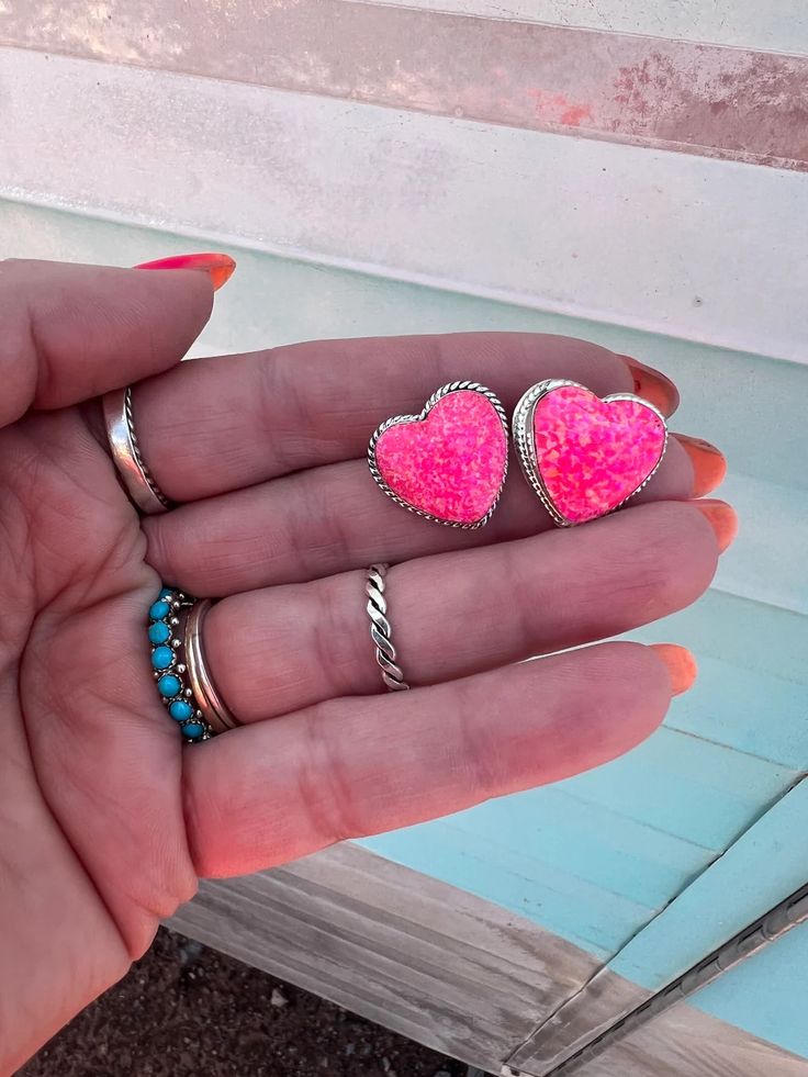 These are so sweet! Hot pink cultured Barbie heart earrings. Pink Heart Beads Drop Earrings, Pink Nickel-free Double Heart Earrings, Pink Heart Beads Jewelry For Party, Heart-shaped Cute Jewelry With Matching Earrings, Nickel-free Pink Heart Cut Jewelry, Pink Nickel-free Heart Earrings For Valentine's Day, Pink Heart-shaped Nickel-free Earrings, Pink Heart Cut Earrings For Party, Cute Pink Sterling Silver Jewelry