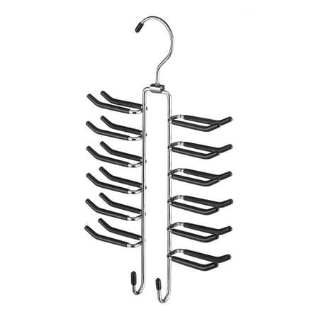 a metal rack with black handles and hooks on the top, hanging from it's side