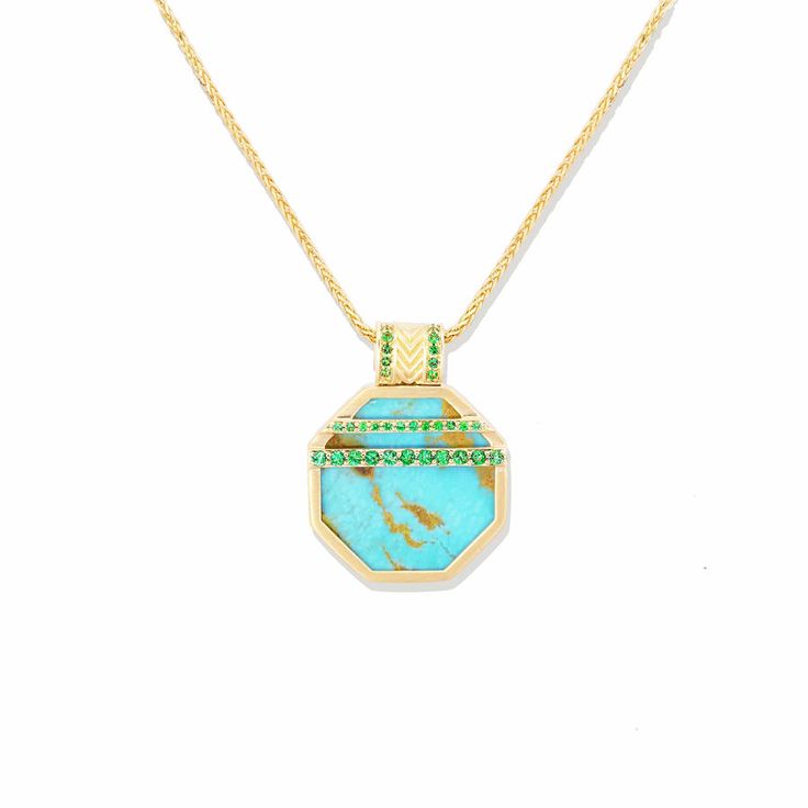 Luxury Turquoise Round Necklace, Luxury Round Turquoise Necklace, Luxury Turquoise Gemstone Necklace, Luxury Octagon Gemstone Necklace, Luxury Turquoise Pendant Jewelry, Luxury Turquoise Pendant Necklace, Art Deco Yellow Gold Jewelry With Gemstone Accents, Octagon Yellow Gold Jewelry With Gemstone Accents, Octagon Multi-stone Jewelry For Gifts