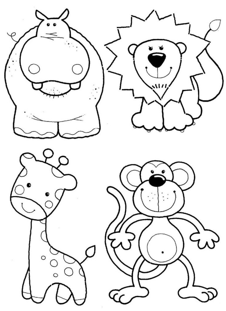 three cartoon animals that are outlined in black and white