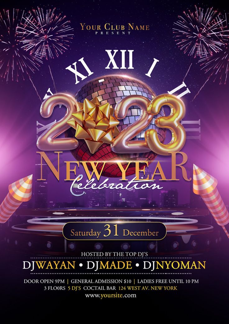 the new year celebration flyer with fireworks