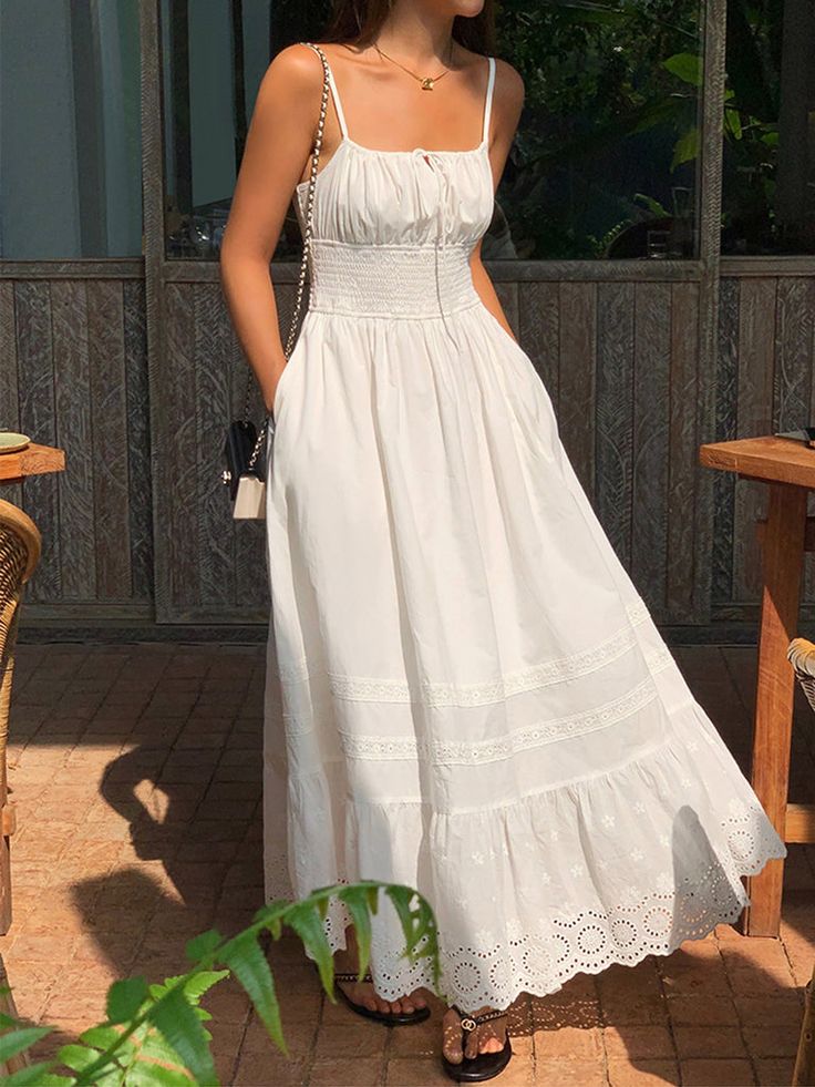 Embroidery Shift Shirred Long Dress White Long Maxi Dress, White Milkmaid Dress Long, Cute Dresses Long Casual, Shirred Wedding Dress, White Cotton Sundress, Aesthetic Summer Dresses Long, Long Cotton Dress Outfit, Cotton Core Aesthetic, White Linen Dresses For Women